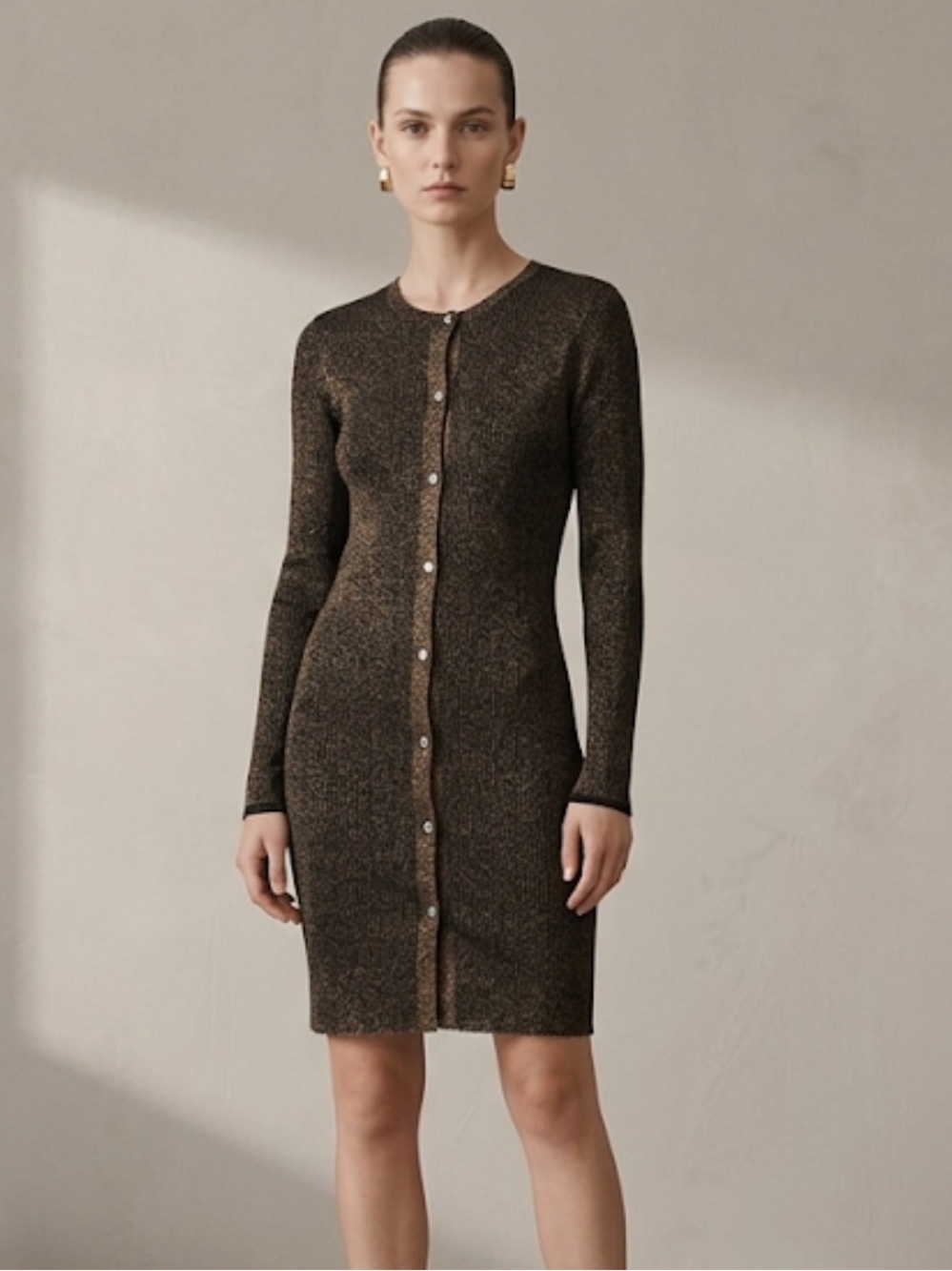 Soeur Epee Metallic Bronze Button-Front Knit Dress Size 8